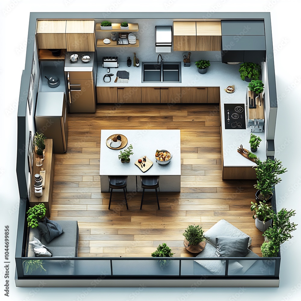 Aufkleber 3d topdown view of stylish kitchen featuring an island open shelving and a large fridge floor plan d
