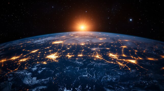 The earth seen from space with glowing city lights on it and network connections connecting the world, representing global connectivity and data transfer between cities across different time zones - Powered by Adobe