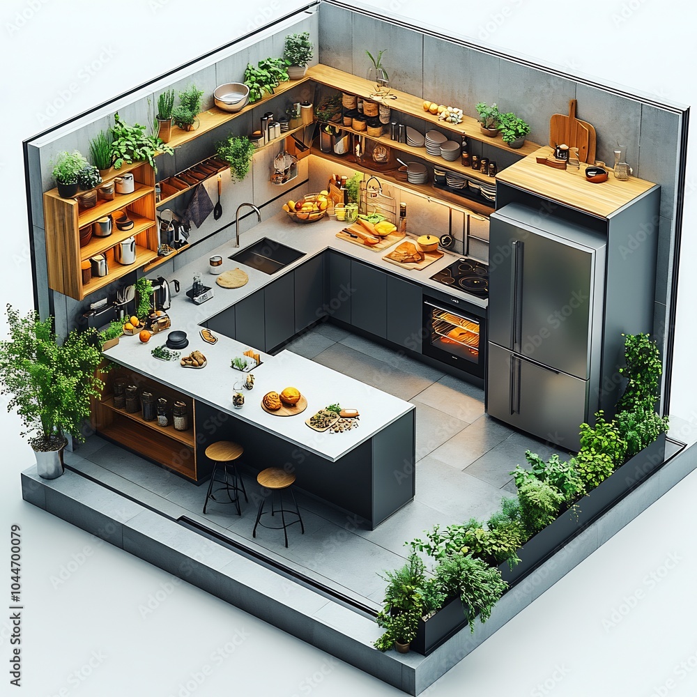 Poster 3d topdown view of stylish kitchen featuring an island open shelving and a large fridge floor plan d