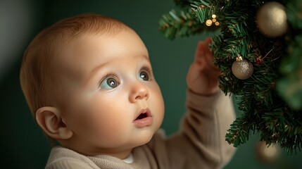 Baby admiring Christmas tree decorations, joyful and curious expression.