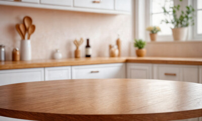 Green Empty wooden table with the bright white interior of the kitchen as a blurred background behind the bokeh golden sunshine