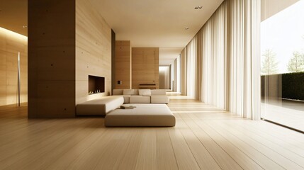 Fototapeta premium Modern Minimalist Living Room with Fireplace and Large Windows
