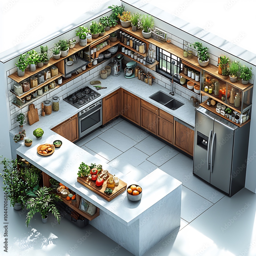 Poster 3d topdown view of ushaped kitchen featuring a spacious island open shelves and a large fridge organ
