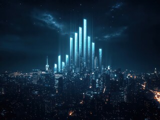 Dynamic 3D Bar Chart Soars Over a Vibrant Night Cityscape, Showcasing Growth and Innovation