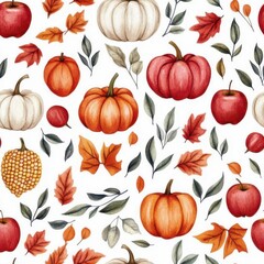 Autumn bounty: vibrant maple leaves surrounded by pumpkins, apples, and corn in a seasonal harvest display.