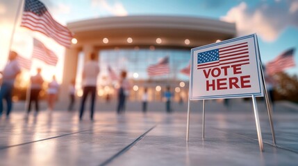 A vibrant VOTE HERE sign stands proudly before a school building, framed by fluttering American flags, with blurred voters moving in and out of focus in the background