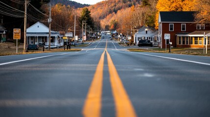 A well-kept town road adorned with election signs, with diverse voters walking to the polls, embodying the active participation of democracy