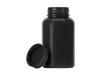 Black supplement bottle. Medicine pill container, plastic jar blank mockup. Vitamine drug capsule bottle, pharmaceutical product package, transparent background
