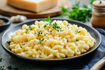 Plate of spaetzle with cheese and herbs