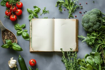 Fresh vegetables and herbs surrounding an open recipe book on a kitchen countertop