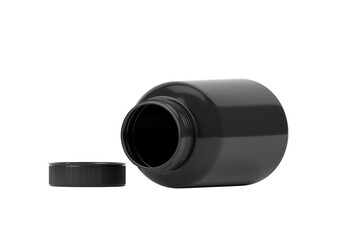 Black supplement bottle. Medicine pill container, plastic jar blank mockup. Vitamine drug capsule bottle, pharmaceutical product package, transparent background