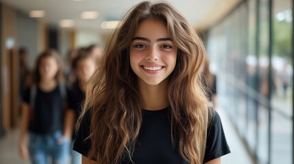 Obraz premium A photo of a happy female student standing in the hallway, smiling at the camera with a group of students behind her out of focus
