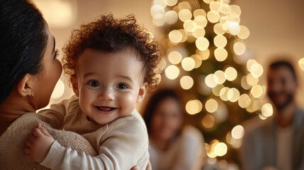 A joyful baby smiling in a cozy family setting with festive decorations.