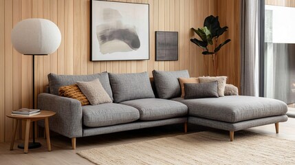 Fototapeta premium Modern Living Room with Grey Sectional Sofa Wooden Floor and Natural Decor
