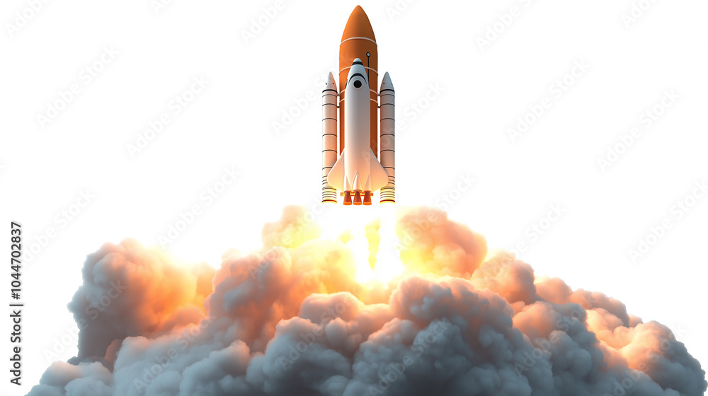 Poster shuttle launch a 3d rocket in space and clouds business startup and business growth concept isolated