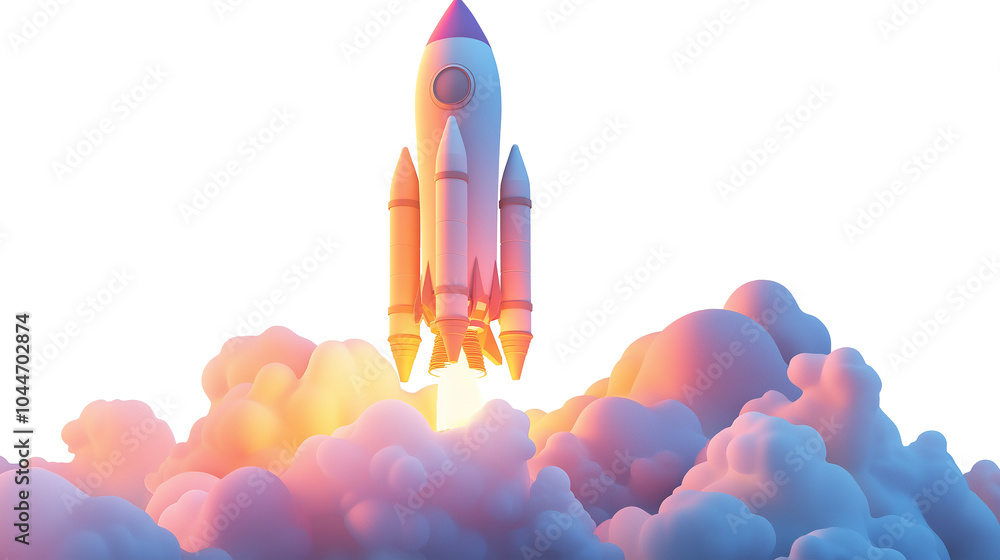 Poster shuttle launch a 3d rocket in space and clouds business startup and business growth concept isolated