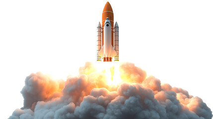 Shuttle launch a 3D rocket in space and clouds Business startup and business growth concept  isolated on a white background