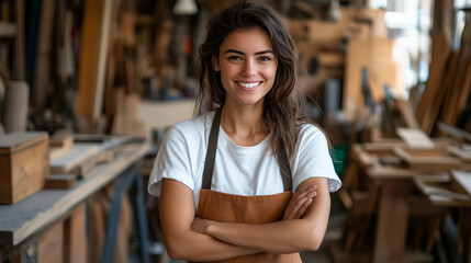 A young female carpenter standing in her workshop