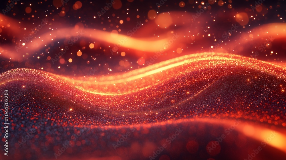 Poster abstract background with golden glitter and glowing light, red flowing wave design. high resolution 