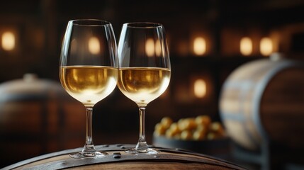 Two wine glasses are on a wooden table, one of which is almost empty