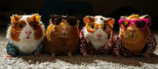 Guinea pigs in a glam rock band setup, showcasing their musical design.