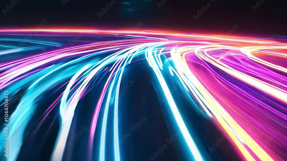 Poster Vibrant light trails create a dynamic abstract pattern in a nighttime urban setting with vivid colors and motion