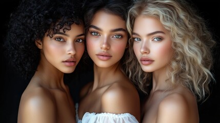 Obraz premium Three beautiful women of different races, with curly hair and without makeup in elegant white dresses on a black background, looking at the camera