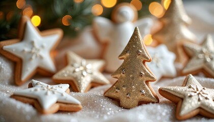 Christmas tree decorations, festive mood, displaying marzipan figures, blurred sparkling background