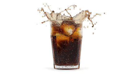 Splash of coke. Cola soda with ice in a glass with a splash  isolated on a white background