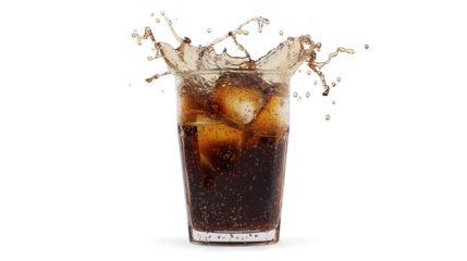 Splash of coke. Cola soda with ice in a glass with a splash  isolated on a white background