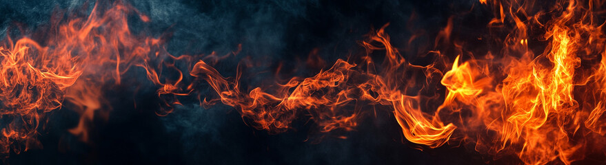 Dynamic Fiery Flames Against Dark Smoky Background - Horizontal Banner