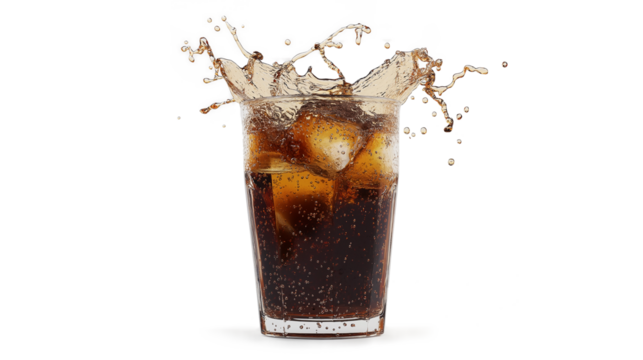Splash of coke. Cola soda with ice in a glass with a splash  isolated on a white background