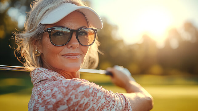 Portrait of beautiful mature woman playing golf on golf course in sunny day