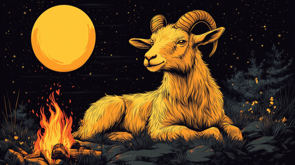 Fototapeta premium A goat with golden fur lies calmly next to a bright fire. The setting features a radiant moon and a dark sky, with hints of trees in the background.
