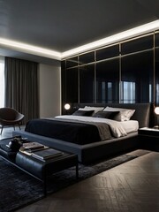 an interior room with a bed with luxurious lighting