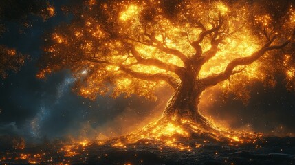 Enchanted glowing tree in a mystical landscape