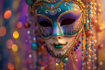 A uniquely whimsical Mardi Gras mask adorned with playful patterns and striking, contrasting colors. Complemented by cascading strings of beads and set against an abstract, dreamlike background.