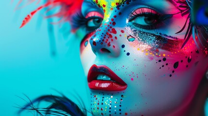 A sharp focus on a drag queens expressive makeup, with bold colors and intricate designs creating a striking visual impact