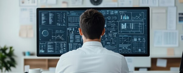 Back view of a man in an executive office, focused on a digital screen filled with complex schematics, business strategy, and system modeling concept