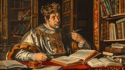 King Alfonso X of Castile studying in his library, depicted with scholarly grace and vibrant colors in Renaissance art