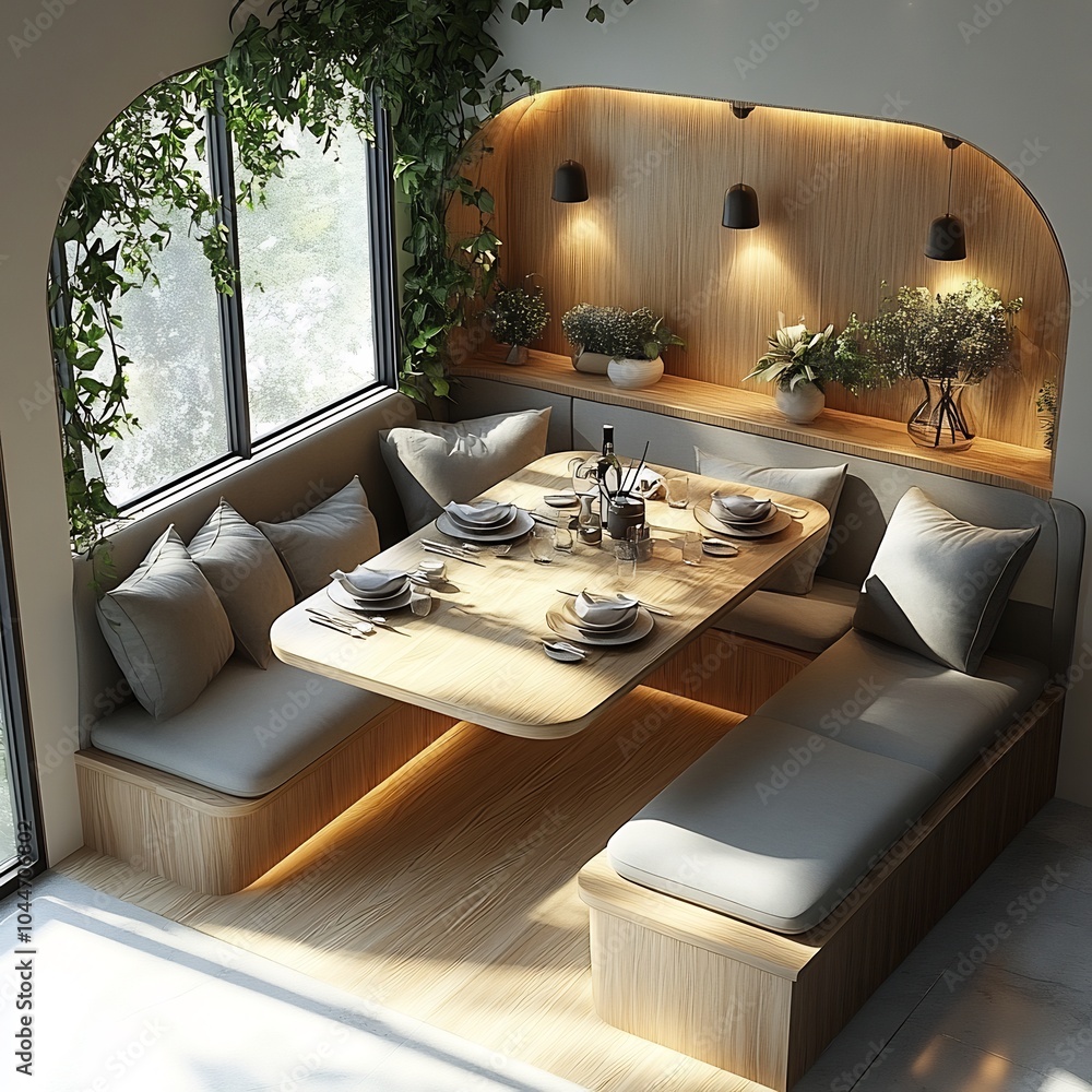 Aufkleber 3d top view of compact small dining room with a sleek table and functional seating arrangement detai