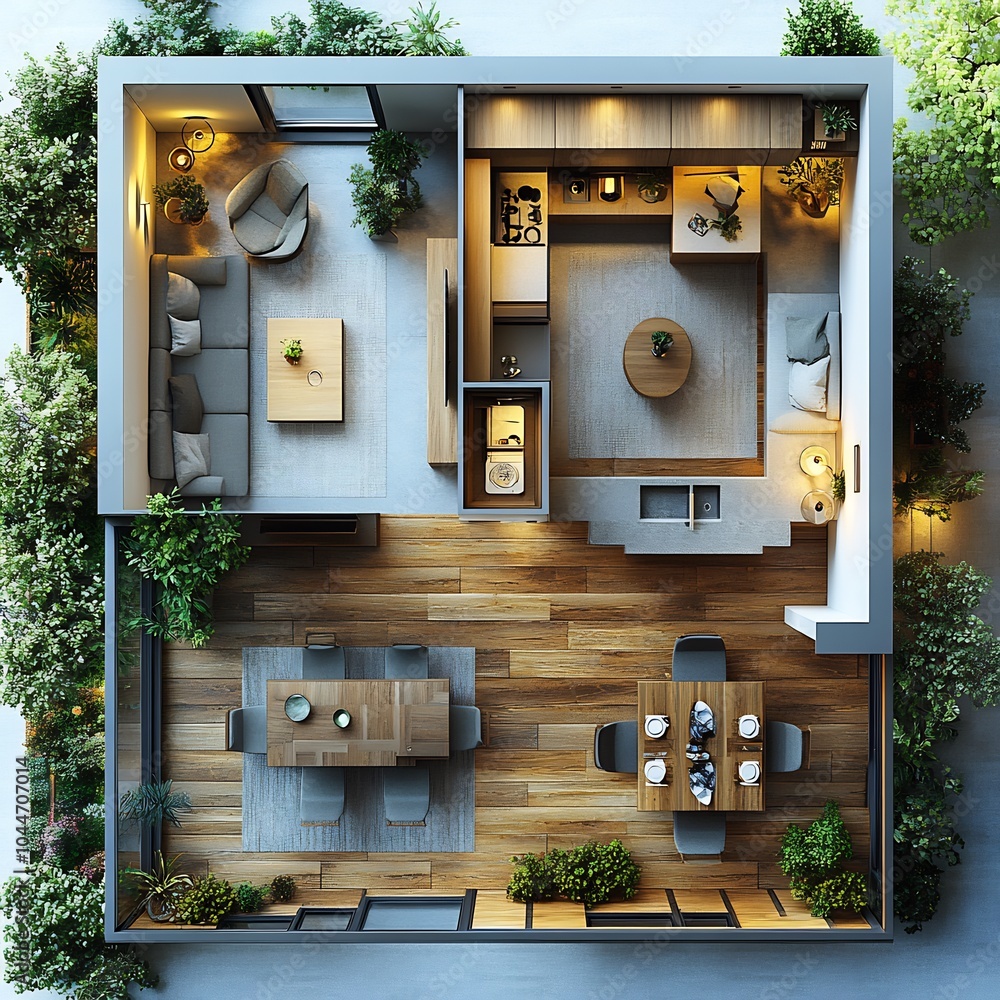 Poster 3d top view of compact small dining room with a sleek table and functional seating arrangement detai