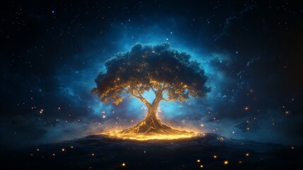 Fototapeta premium Mystical glowing tree under a starry night sky