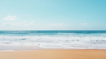 Fototapeta premium A panoramic banner mockup featuring a serene beach with gentle waves and a clear horizon, providing ample blank space for commercial text overlay, ideal for vacation or travel-related promotions