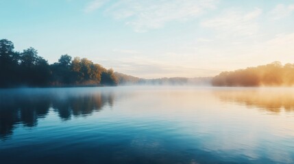 Fototapeta premium A panoramic banner mockup featuring a serene lakeside at dawn with mist rising from the water, providing ample blank space for commercial text overlay, ideal for wellness or nature promotions