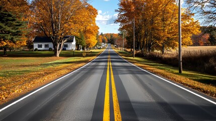A quiet country road, the town hall visible in the distance, where voters patiently wait. The charming rural landscape adds a sense of beauty to civic duty