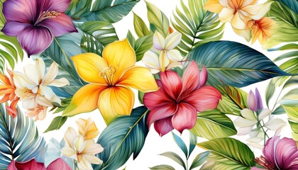 Obraz premium A vibrant pattern featuring various flowers and leaves, perfect for spring and summer decoration