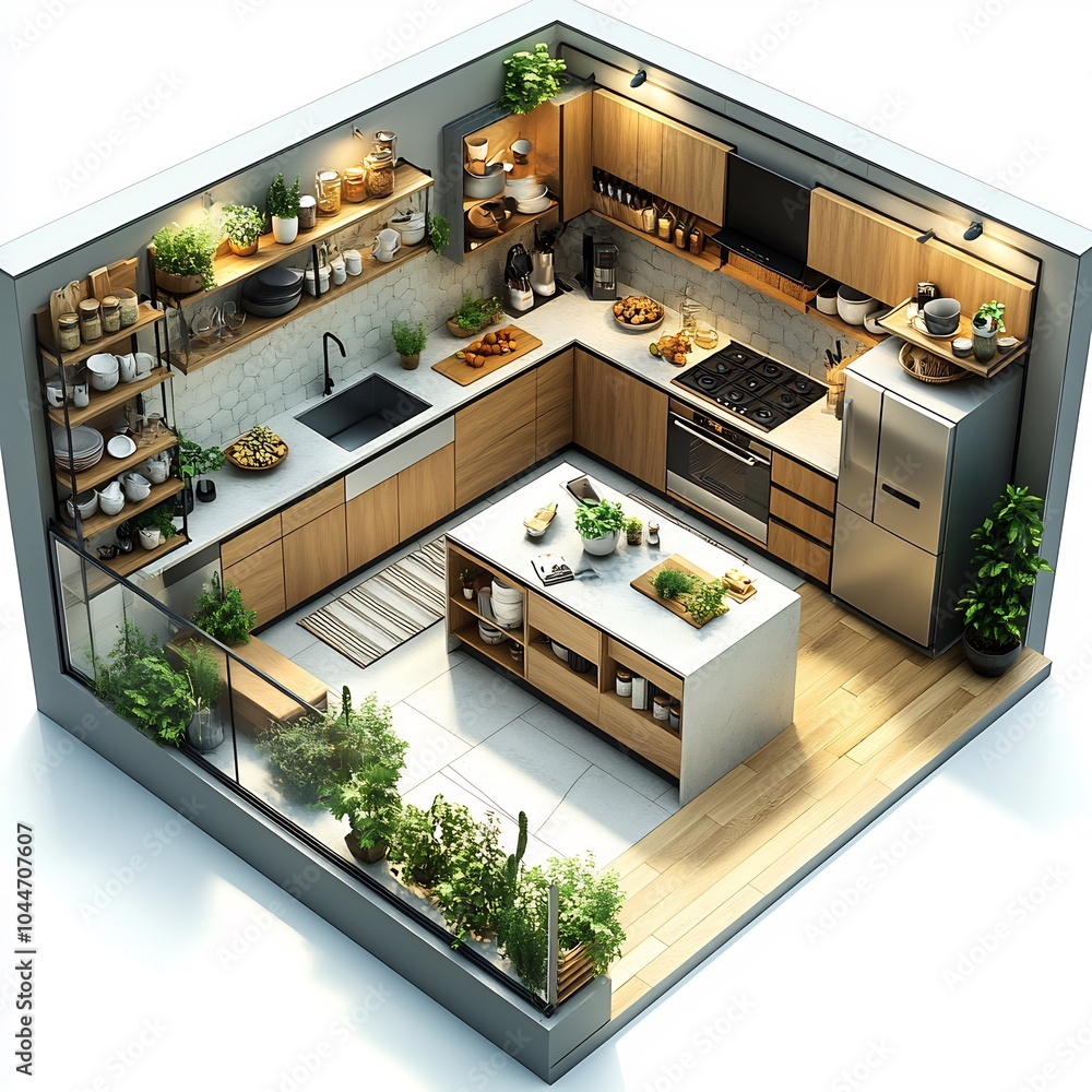 Poster 3d top view of functional kitchen including a central island open shelving units and a large fridge 