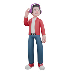 Cartoon Vocal Performer in 3D. A male singer is standing while listening to music on headphones. Music Star Model