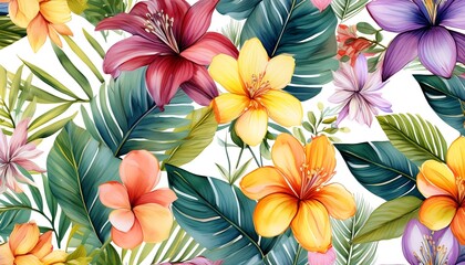 A vibrant pattern featuring various flowers and leaves, perfect for spring and summer decoration
